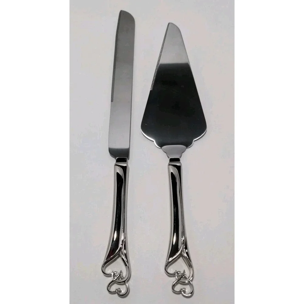 Wedding Promises Cake Knife & Server Set - Double Heart Design - Stainless Steel